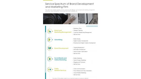 Service Spectrum Of Brand Development And Marketing Firm One Pager Sample Example Document