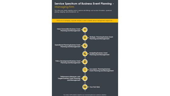 Service Spectrum Of Business Event Planning Managing Firm One Pager Sample Example Document