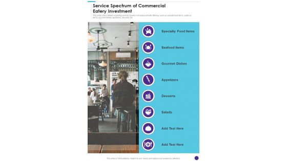Service Spectrum Of Commercial Eatery Investment One Pager Sample Example Document