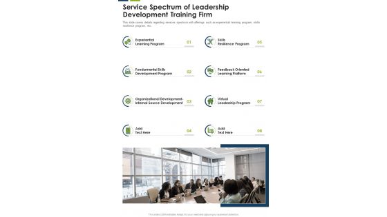 Service Spectrum Of Leadership Development Training Firm One Pager Sample Example Document
