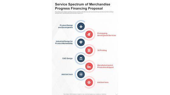 Service Spectrum Of Merchandise Progress Financing Proposal One Pager Sample Example Document