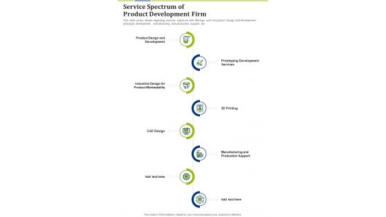 Service Spectrum Of Product Development Firm One Pager Sample Example Document