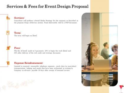 Services and fees for event design proposal ppt powerpoint presentation gallery icons