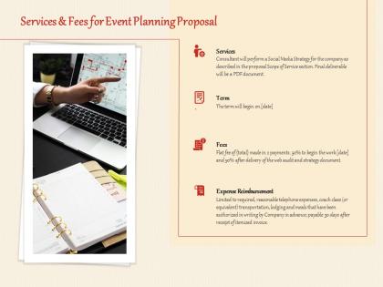 Services and fees for event planning proposal ppt powerpoint presentation visual