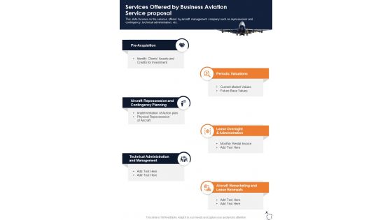 Services Offered By Business Aviation Service Proposal One Pager Sample Example Document