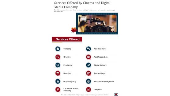Services Offered By Cinema And Digital Media Company One Pager Sample Example Document