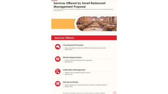 Services Offered By Smart Restaurant Management Proposal One Pager Sample Example Document