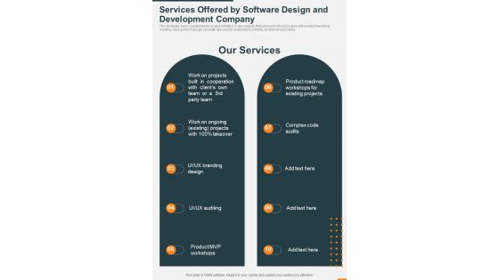Services Offered By Software Design And Development One Pager Sample Example Document