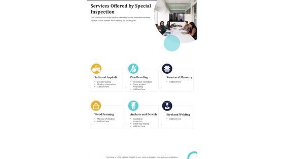 Services Offered By Special Inspection One Pager Sample Example Document