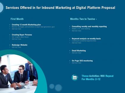 Services offered in for inbound marketing at digital platform proposal ppt layouts