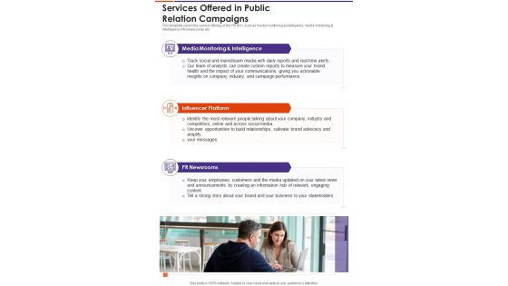 Services Offered In Public Relation Campaigns One Pager Sample Example Document