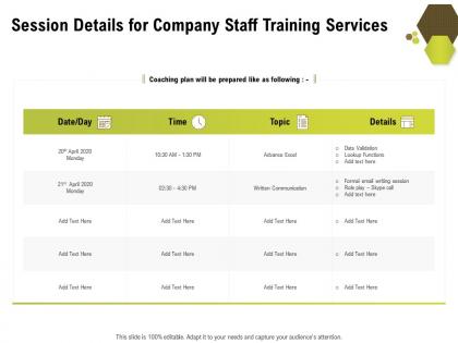 Session details for company staff training services ppt professional deck