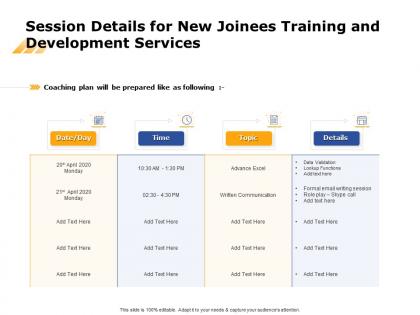 Session details for new joinees training and development services ppt design ideas