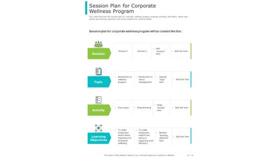 Session Plan For Corporate Wellness Program One Pager Sample Example Document