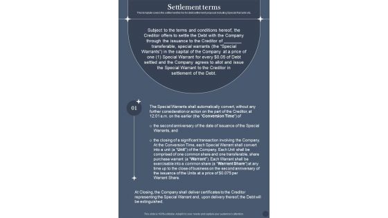 Settlement Terms Debt Settlement Agreement One Pager Sample Example Document