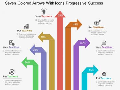 Seven colored arrows with icons progressive success flat powerpoint design