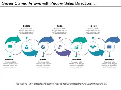 Seven curved arrows with people sales direction and global icons