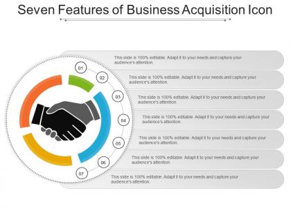 Seven features of business acquisition icon presentation slides