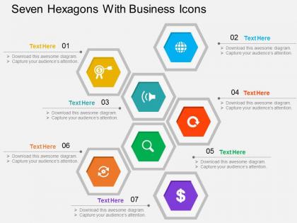 Seven hexagons with business icons flat powerpoint design