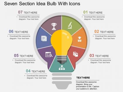 Seven section idea bulb with icons flat powerpoint design