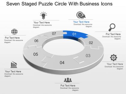 Seven staged puzzle circle with business icons powerpoint template slide