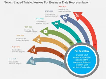 Seven staged twisted arrows for business data representation flat powerpoint design