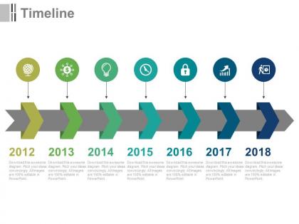 Seven staged year based linear timeline for business powerpoint slides