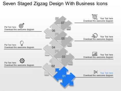 Seven staged zigzag design with business icons powerpoint template slide