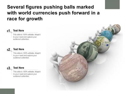 Several figures pushing balls marked with world currencies push forward in a race for growth