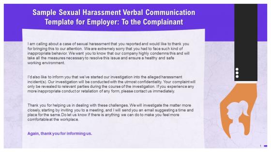 Sexual Harassment Communication Template for Employer to Complainant Training Ppt
