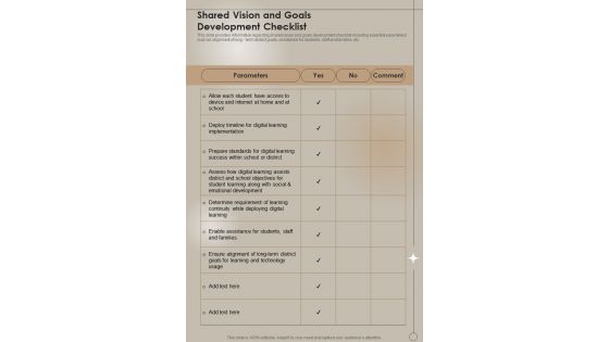 Shared Vision And Goals Development Checklist One Pager Sample Example Document