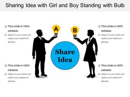 Sharing idea with girl and boy standing with bulb