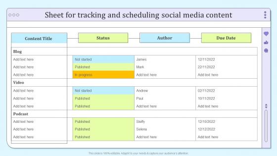 Sheet For Tracking And Scheduling Social Media Content B2b Social Media Marketing And Promotion