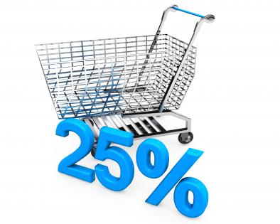 Shopping cart with 25 percent to display marketing stock photo