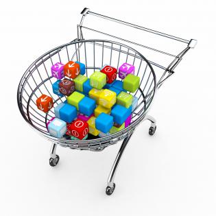 Shopping cart with multicolor cubes stock photo