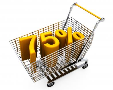 Shopping cart with seventyfive percent discount in sale stock photo