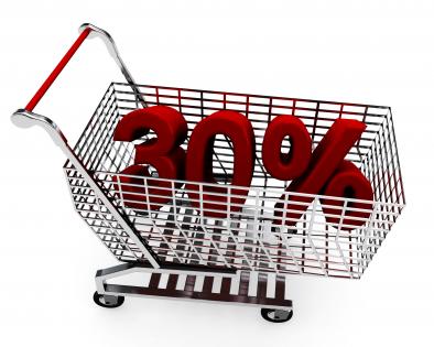 Shopping cart with thirty percent discount for sale stock photo