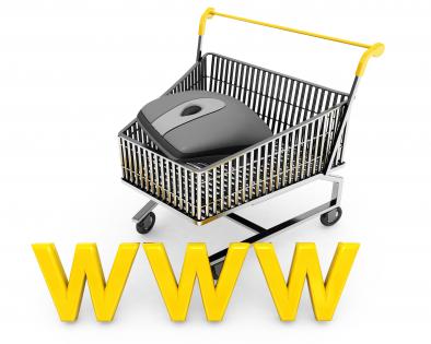 Shopping cart with world wide web displaying online shopping stock photo