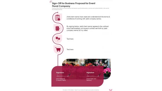 Sign Off For Business Proposal For Event Floral Company One Pager Sample Example Document
