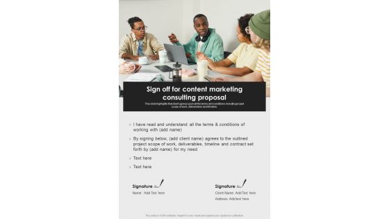 Sign Off For Content Marketing Consulting Proposal One Pager Sample Example Document