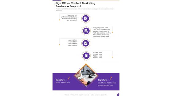 Sign Off For Content Marketing Freelance Proposal One Pager Sample Example Document
