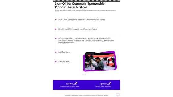 Sign Off For Corporate Sponsorship Proposal For A Tv Show One Pager Sample Example Document