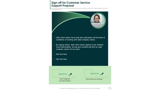 Sign Off For Customer Service Support Proposal One Pager Sample Example Document