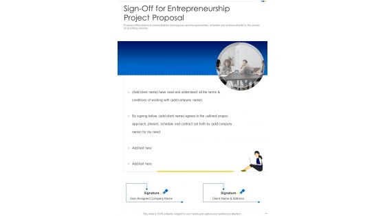 Sign Off For Entrepreneurship Project Proposal One Pager Sample Example Document