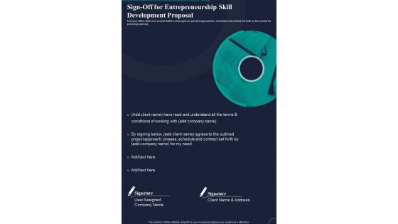 Sign Off For Entrepreneurship Skill Development Proposal One Pager Sample Example Document