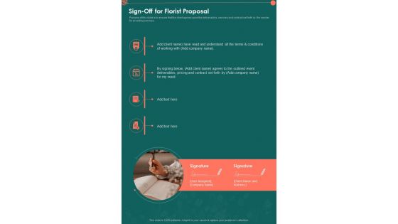 Sign Off For Florist Proposal One Pager Sample Example Document