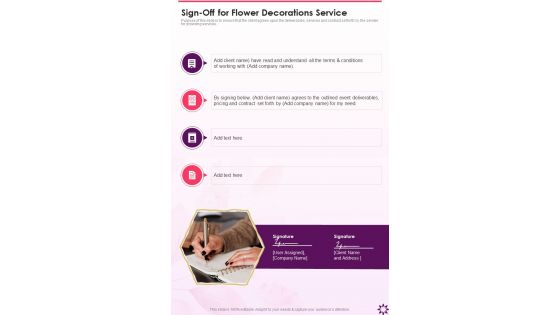 Sign Off For Flower Decorations Service One Pager Sample Example Document