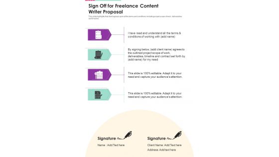 Sign Off For Freelance Content Writer Proposal One Pager Sample Example Document