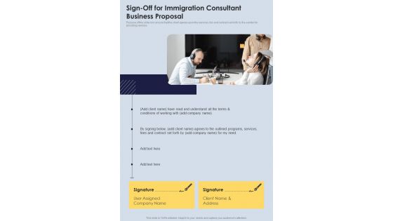 Sign Off For Immigration Consultant Business Proposal One Pager Sample Example Document