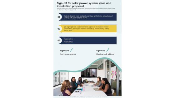 Sign Off For Solar Power System Sales And Installation One Pager Sample Example Document